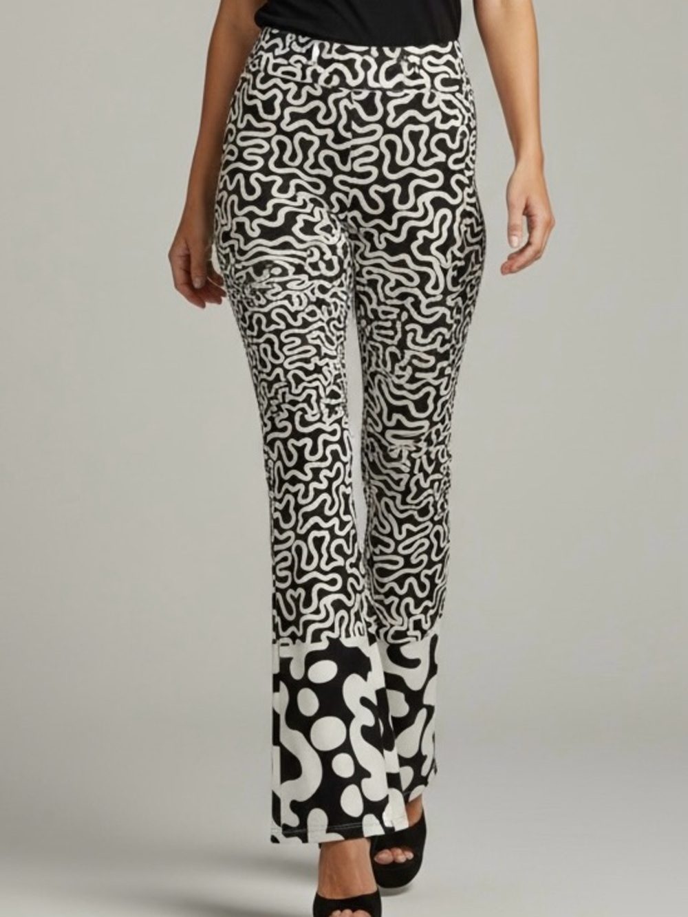 Norma Kamali Black and White Abstract Print High Rise Flare Pants RARE